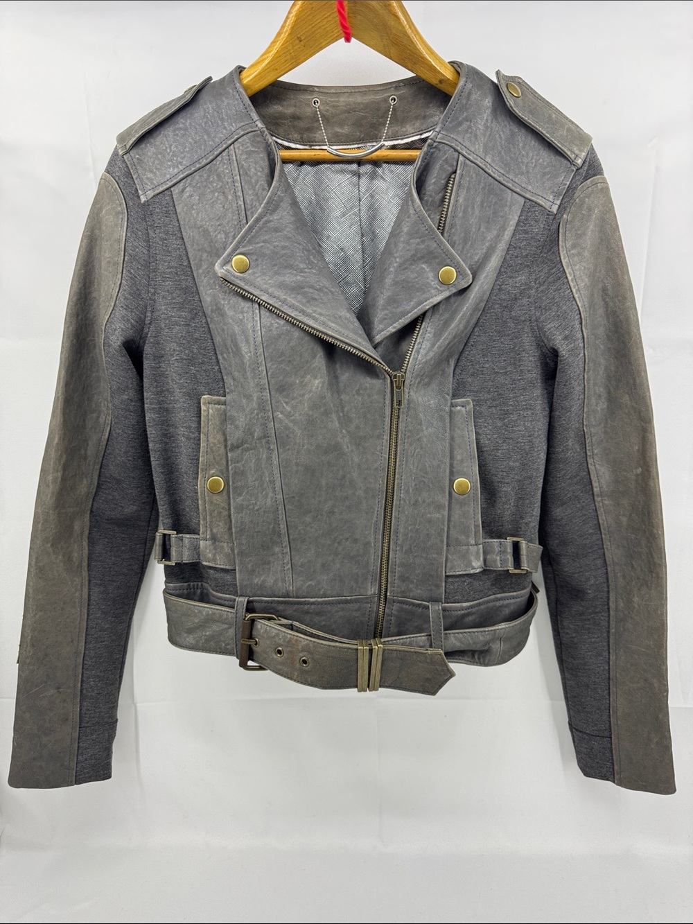 GAR-DE Womens Gray Weathered Leather & Stretch Fabric Cropped Moto Jacket, sz L